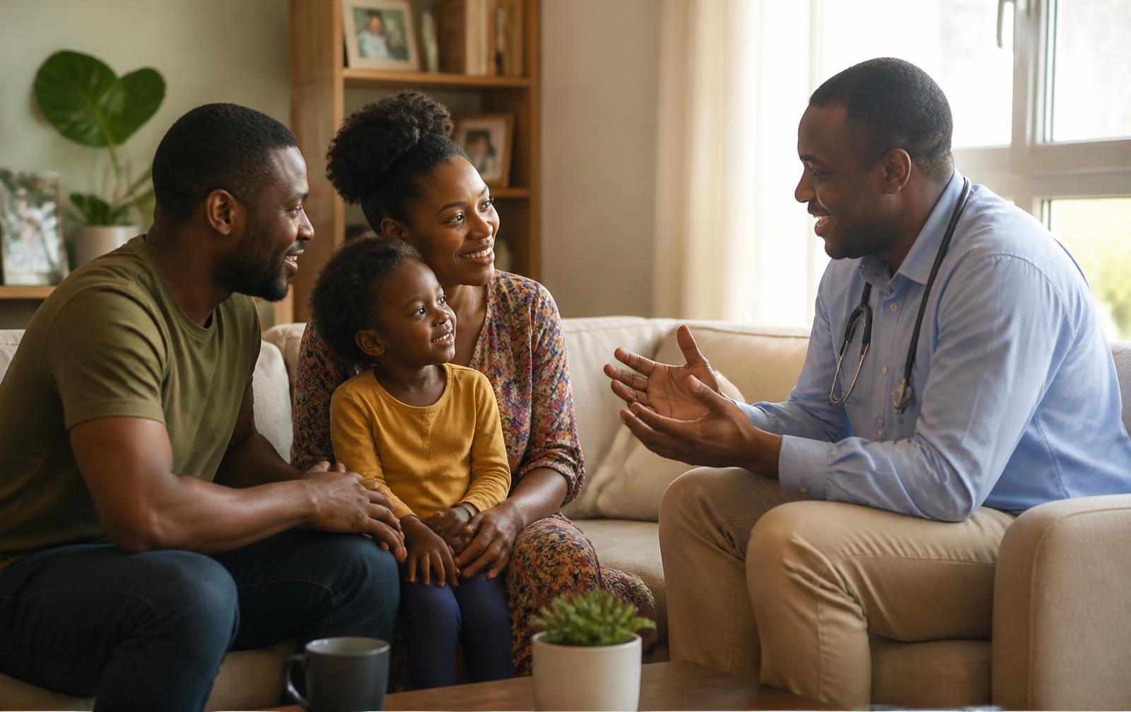 A family talking warmly with a trusted doctor at home
